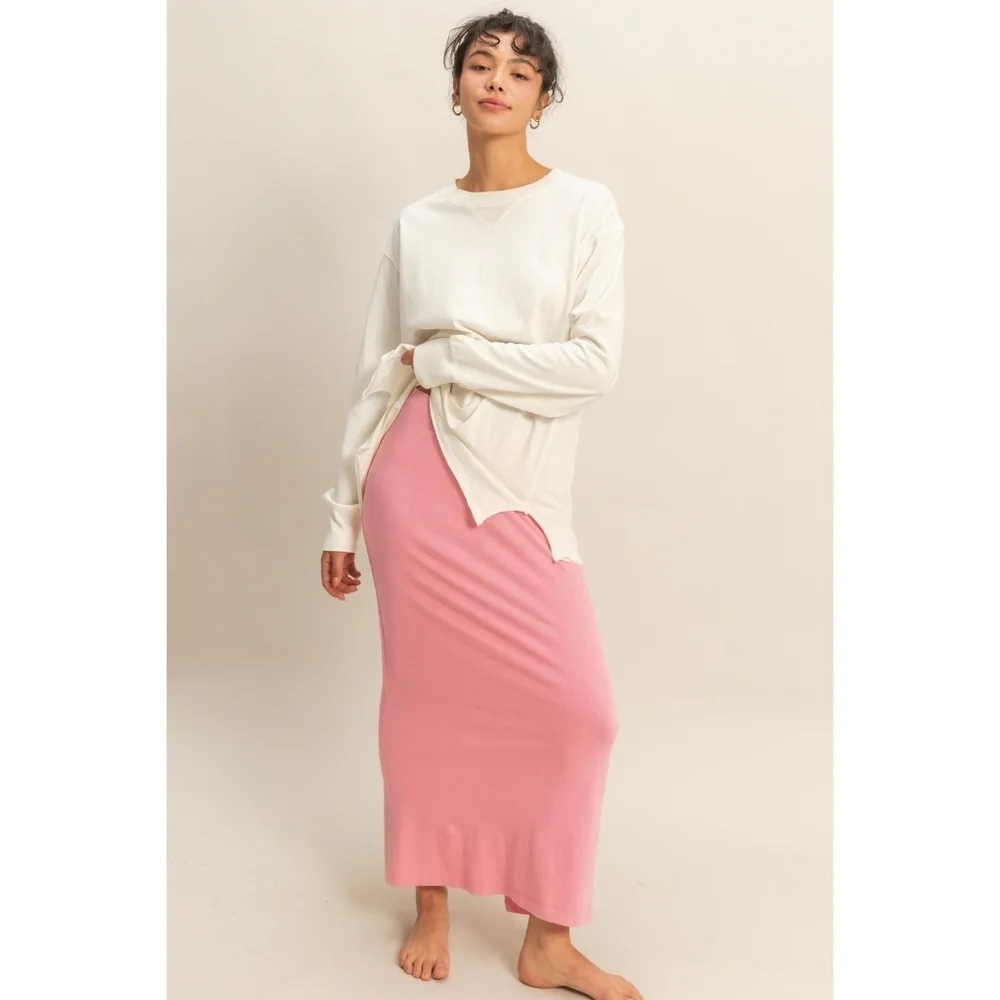 Cozy Cotton Jersey Mineral Washed Maxi Skirt with Back Slit Blush Pink